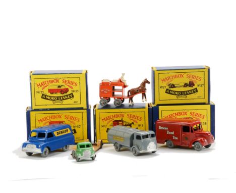 1950s-60s Matchbox Lesney 1-75 Series Commercials, 47a Trojan Van, 25a Bedford ‘Dunlop’ Van, 38a Karrier Refuse Truck, 27a Be