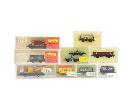 N Gauge 4-wheel Freight Stock by Minitrix Peco and others, including private owner wagons, LMS bolsters, Fleischmann crane wa