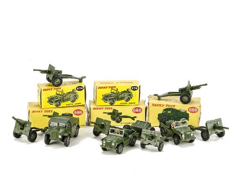 Military Dinky Toys, 674 Austin Champ (2), 688 Field Artillery Tractor, 686 25-Pounder Field Gun (2), in original light yello