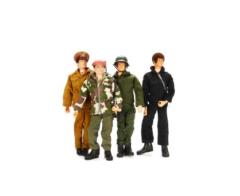 1970s British Uniform Themed Palitoy Action Men, four figures including No.32124 Parachute Regiment, the jacket, trousers, ca