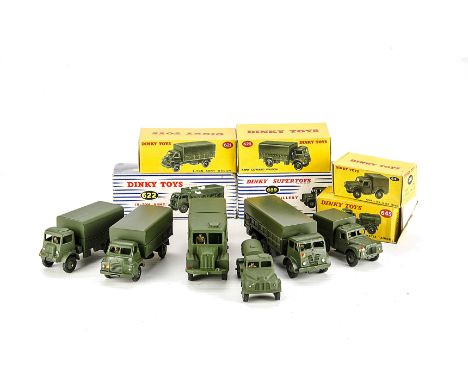 A Dinky Toys 623 Army Covered Wagon, 621 3-Ton Army Wagon, 689 Medium Artillery Tractor, 641 Cargo Truck, 622 10-Ton Army Tru