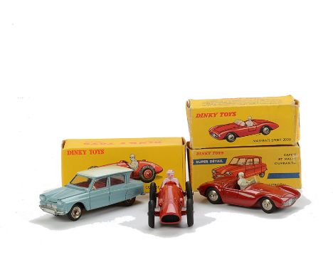 French Dinky 511 Ferrari Racing Car, 22a Maserati Sports 2000, 557 Citroën Ami 6, light blue body, white roof, in original bo