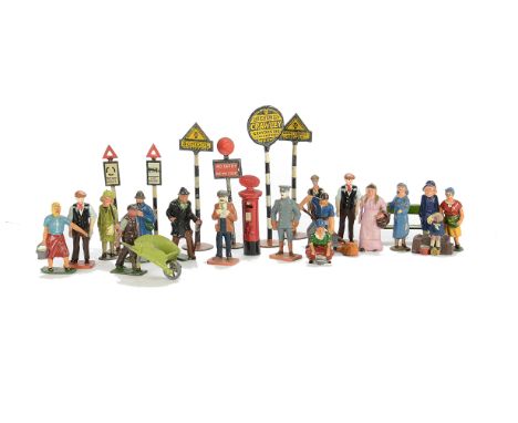 Benbros, Hilco, Timpo, Britains etc, lot of lead farm and civilian people, chairs, wheelbarrows, street signs, etc, generally