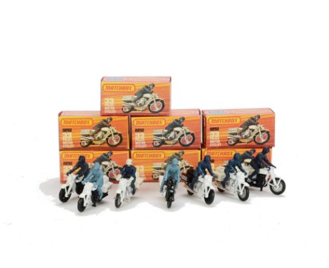 Matchbox Superfast MB-33C Police Motorcyclist, seven examples, variations include black body, “L.A.P.D” labels, white seat, l