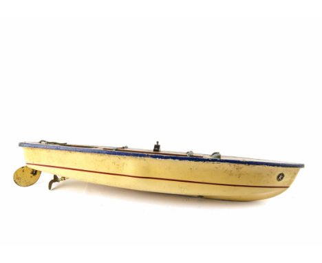 A Japanese ‘K’ wooden Launch with Bassett-Lowke electric Motor, with cream hull, varnish deck and blue stripe, motor appears 