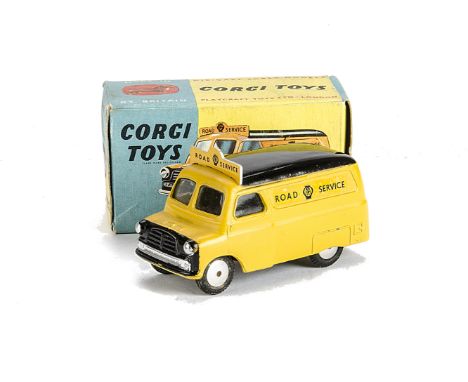 A Corgi Toys 408 Bedford AA Service Van, yellow body, black roof and divided windscreen, smooth hubs, in original box with di