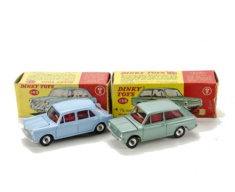 A Dinky Toys 140 Morris 1100, light blue body, red interior, spun hubs, E, minor roof marks, 138 Hillman Imp Saloon, light me