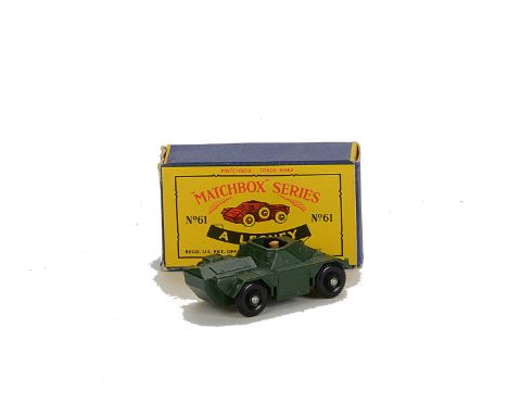 Matchbox Lesney 1-75 Series MB-61a Army Scout Car, olive green body, tan driver, BPW, in scarce type C box with revised model