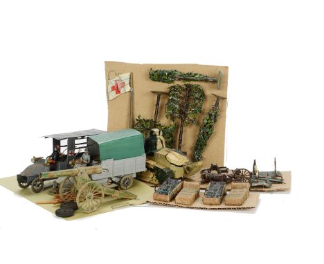 French Army WW1 accessories, Mignot ambulance and supply wagons, both pre WW2 versions, Simon & Rivollet FT17 tank, 75mm gun,