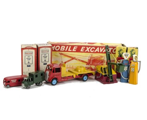 A Benbros Qualitoy Mobile Excavator, red cab and chassis, yellow body, crane, in original box, G, crane has fatigued and brok
