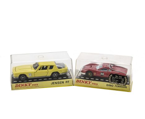 A Dinky Toys 188 Jensen FF, yellow body, black interior, 216 Dino Ferrari, red body, light blue interior, RN20, in original h