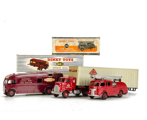 Dinky Supertoys and other Commercial Vehicles, 948 Tractor Trailer Mclean, 981 BR maroon Horse Box and 555 repainted red Fire