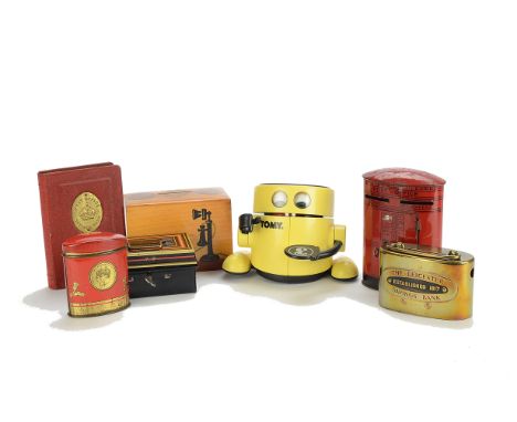 Various Post Office and related tinplate money boxes, Post Office Savings Bank book box (locked, no key), Chad Valley Post Bo