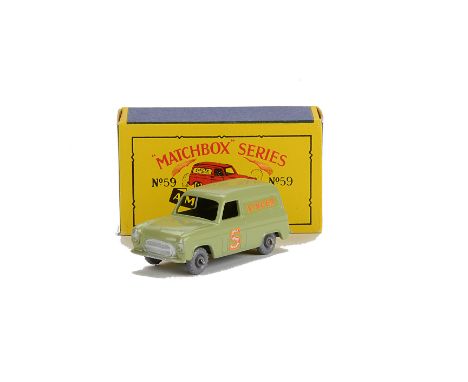 Matchbox Lesney 1-75 Series MB-59a Ford Thames ‘Singer’ Van, light green body, black base, silver trim, GPW, in type B box, E