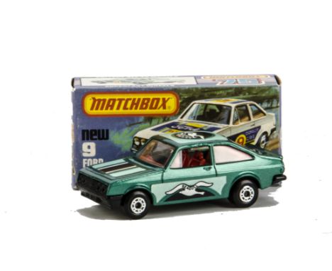 Matchbox Superfast MB-9C Ford Escort RS.2000, metallic green body, rare red interior, black base, ‘Seagull’ labels, clear win