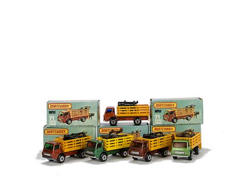 Matchbox Superfast MB-71C Cattle Truck, five examples, variations include light metallic green body, orange-yellow stakes, or