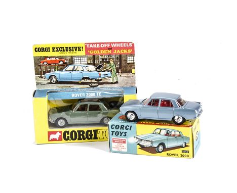 A Corgi Toys 252 Rover 2000, metallic light blue body, red interior, spun hubs, E, 275 Rover 2000 TC, metallic olive green bo