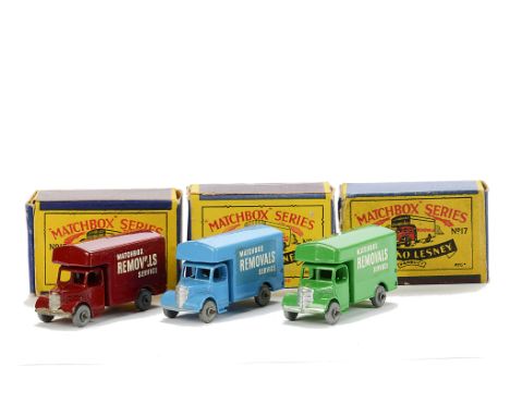 Matchbox Lesney 1-75 Series MB-17a Bedford Removals Van, three variations, first green body, silver trim, VG-E, second maroon