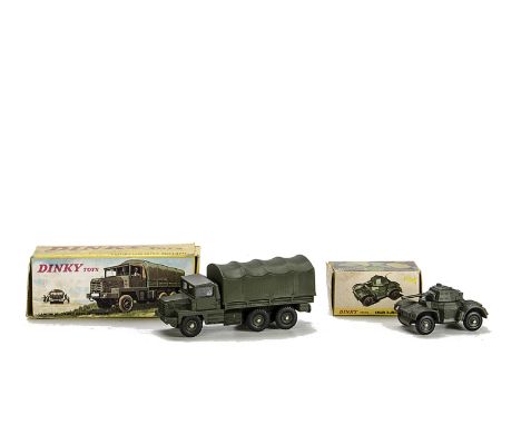 A French Dinky 824 Berliet Gazelle Army Truck, with glazing, concave hubs, 676 Daimler Armoured Car, painted concave hubs, ca
