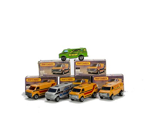 Matchbox Superfast MB-68C Chevy Van, five examples, variations include silver body, “Vanpire” tempa, blue windows, second ora