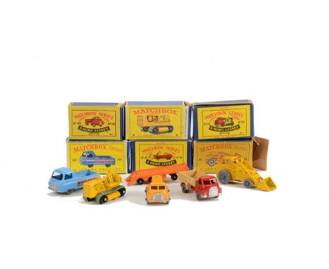 Matchbox Lesney 1-75 Series Construction Vehicles, 28a Bedford Compressor, MW, 60a Morris J2 Pick Up, GPW, 40a Bedford Tipper