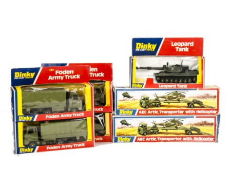 1970s Military Dinky Toys, 668 Foden Army Truck (4), 692 Leopard Tank, 618 AEC Artic Transporter with Helicopter (2), in orig