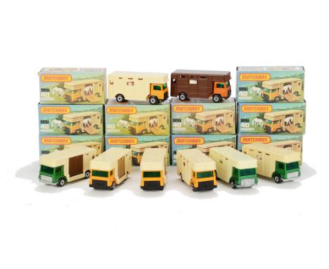 Matchbox Superfast MB-40B Horse Box, ten examples, variations include dark orange cab, brown box, white door, second orange c