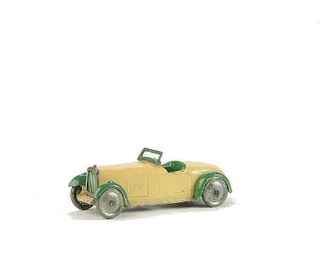 A Pre-War Dinky Toys 22a Open Sports Car, cream body, green seats and mudguards, light green wash wheels, ‘Meccano Dinky Toys