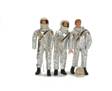 1970s Astronaut Palitoy Action Men, three 1970s figures with No.34156 Astronaut helmet (3), space suit (3), boots (3) and glo