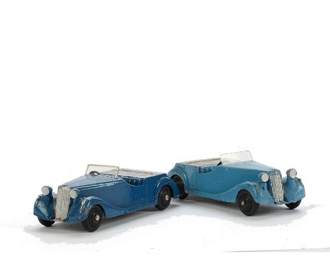 Dinky Toys 38b Sunbeam Talbot Sports, two examples, first mid blue body, grey tonneau, black ridged hubs, G, second dark blue