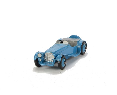 A Dinky Toys 38f Jaguar SS100 Sports Car, export issue with light blue body and ridged hubs, grey interior, G-VG