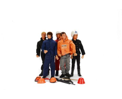 1980s Emergency Themed Palitoy Action Men, five 1980s figures, four with eagle eyes, with No.34524 Fire Crash Crew outfit and