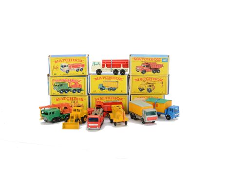 Late Issue Matchbox Lesney 1-75 Series Construction Vehicles, 58c DAF Girder Truck, 48c Dodge Dumper Truck, 30c 8 Wheel Crane