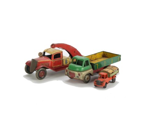 Wells of London and Brimtoy clockwork Tinplate Trucks, Wells Breakdown Lorry in red and cream with original jib, G, Brimtoy L