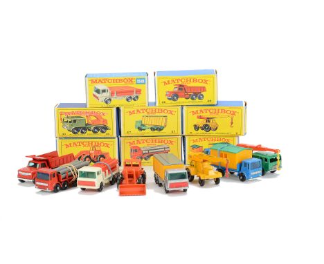 Late Issue Matchbox Lesney 1-75 Series Construction Vehicles, 47c DAF Container Truck, 58c DAF Girder Truck, 48c Dodge Dumper