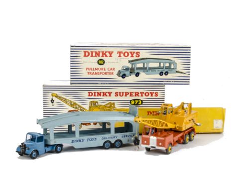 Dinky Toys 982 Pullmore Car Transporter, dark blue cab, light blue back, 994 Loading Ramp, 972 Lorry Mounted Coles Crane, two