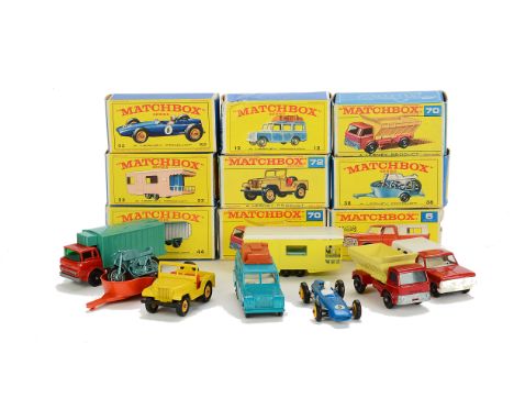 Late Issue Matchbox 1-75 Series, 6d Ford Pick-Up, 44c GMC Refrigerator Truck, 70b Ford Grit Spreader (2), 38c Honda Motorcycl