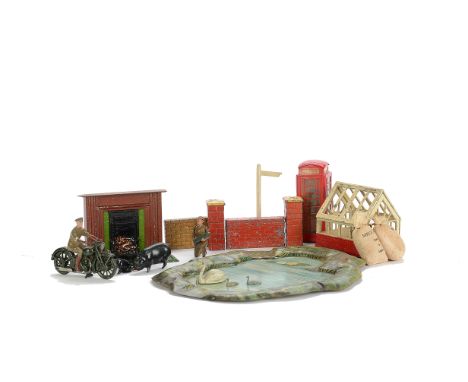 Farm items by Britains including fence (27) and tinplate pond, Cherilea Greenhouse, Charbens fire and hearth, Taylor & Barret