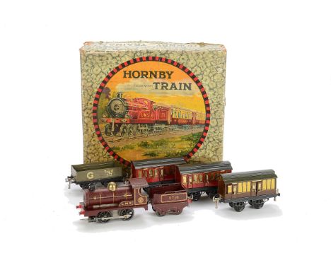 A Hornby No 0 LMS Passenger Train Set, comprising LMS No 0 maroon 0-4-0 Locomotive and Tender No 2710, two 4-wheel LMS Coache