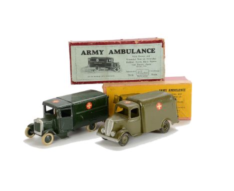 Britains boxed 1512 Army Ambulances comprising pre WW2 square nose version in dark green, and post WW2 round nose, F-G in F-G
