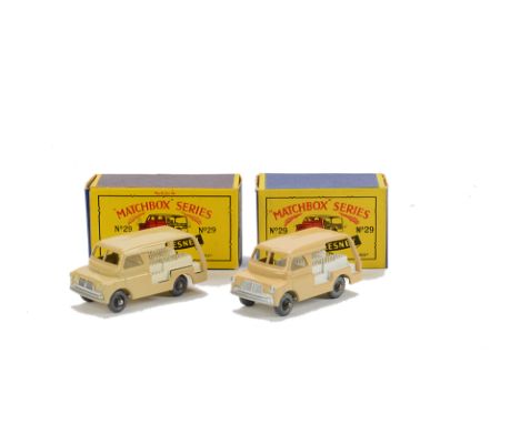 Matchbox Lesney 1-75 Series MB-29a Bedford Milk Float, two examples, both light brown body, white bottles, one MW, one GPW, i