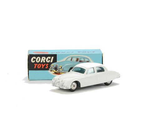 A Corgi Toys 208 Jaguar 2.4 Litre Saloon, white body, flat spun hubs, in original box with leaflet, E, box VG-E