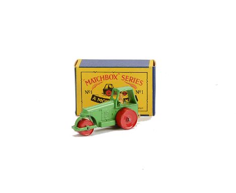 Matchbox Lesney 1-75 Series MB-1b Diesel Road Roller, light green body, red MW, gold trim, 57mm, in type B box, E, box E