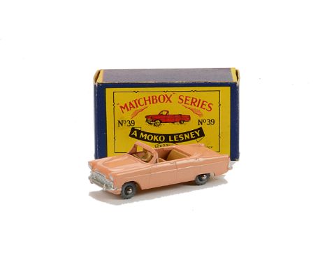 Matchbox Lesney 1-75 Series MB-39a Ford Zodiac Convertible, pale peach body, light brown base and interior, thin windscreen e