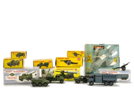 Military Dinky Toys, 661 Recovery Tractor, 665 Honest John Missile Launcher, 730 US Navy Phantom, 686 25-Pounder Field Gun, 6