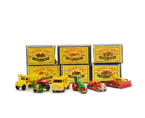 Matchbox Lesney 1-75 Series Construction Vehicles, 15a Prime Mover, 2a Muir Hill Site Dumper, painted wheels, 18a Caterpillar