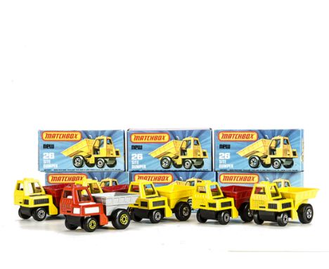 Matchbox Superfast MB-26C Site Dumper, six examples, variations include orange cab, silver dump, black base, yellow hubs, sec