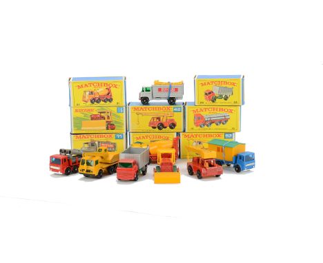 Late Issue Matchbox Lesney 1-75 Series Construction Vehicles, 60b Site Hut Truck, 21d Foden Concrete Truck, 26c GMC Tipper Tr