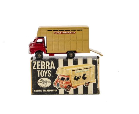 A Zebra Toys No.20 Bedford Cattle Transporter, red cab/chassis, light brown body, brass type hubs, in original box, VG, box F