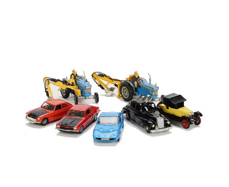 Corgi Toys 74 Ford 5000 Tractor & Scoop, 72 Ford 5000 Tractor and Towbar, Ford Capri 3 Litre, red body, black bonnet, MGC GT,